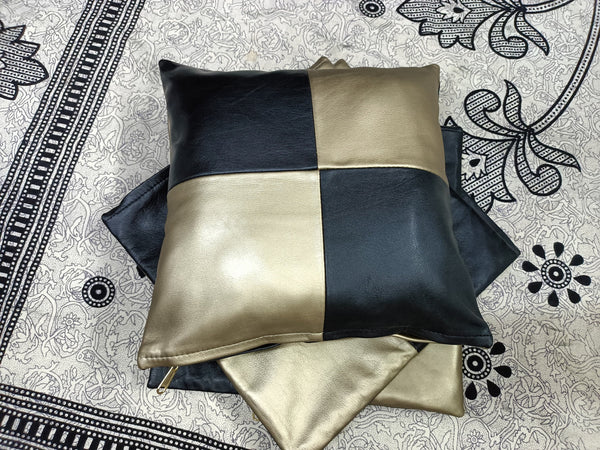 Black & Golden Lambskin Leather Square Cushion Cover