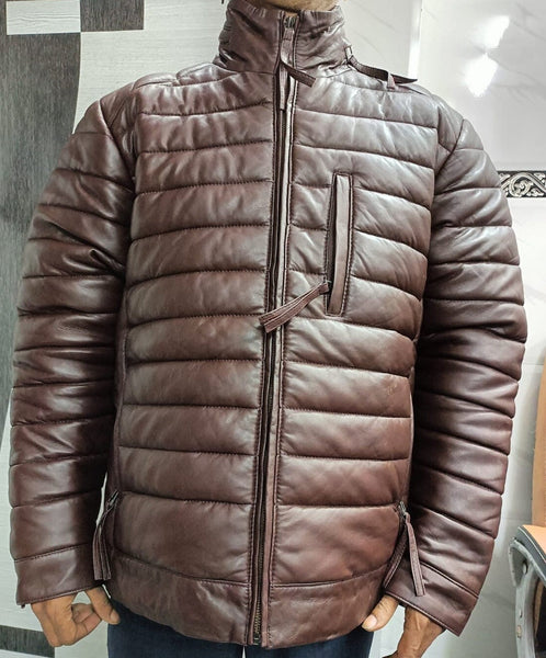 Men's Dark Brown Leather Windbreaker Biker Puffer Jacket