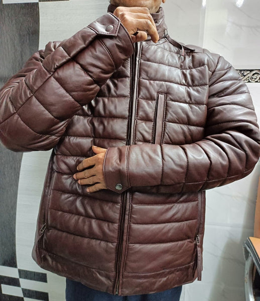 Men's Dark Brown Leather Windbreaker Biker Puffer Jacket