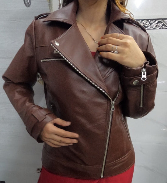 Women Brown Lambskin Leather Biker Jacket Motorcycle Slim Fit Clubbing Jacket