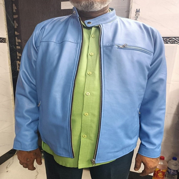 Mens Genuine Lambskin Sky Blue Leather Jacket Motorcycle Cafe Racer Handmade