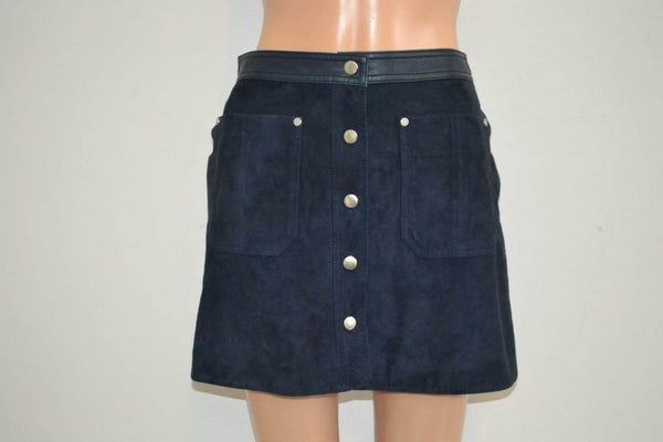 Women Leather TRIMMED Suede Mini Skirt Navy Blue Short MINI Skirt