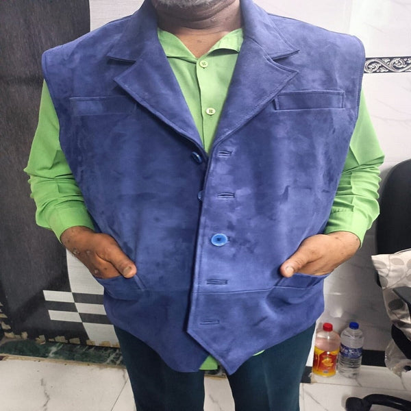 Men Blue Suede Cowboy Waistcoat Vest Blue Leather Vest Soft Leather