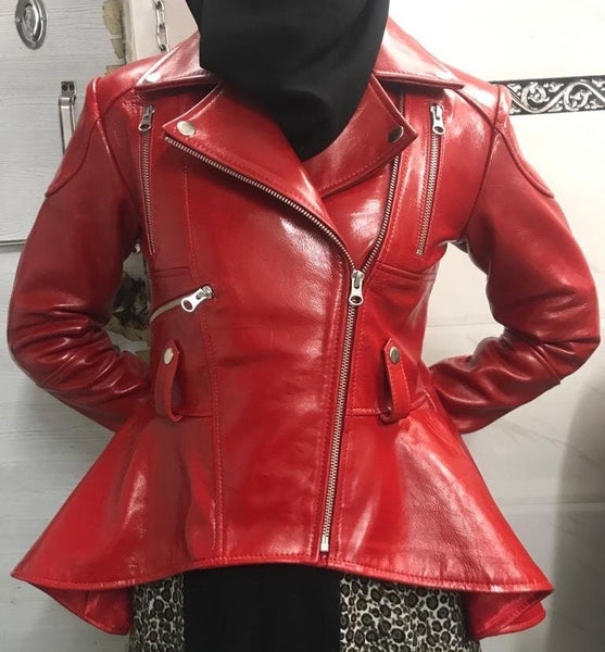 Handmade Peplum Hem Asymmetric Red Leather Biker Jacket Women Ruffle