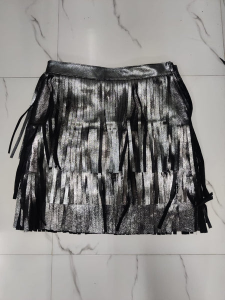 Layered Fringe Leather Skirt, Black Glitter, A-Line, Tiered
