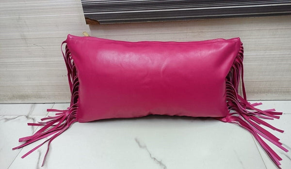 Lambskin Leather HOT PINK Cushion Cover Decorative With Side Fringe