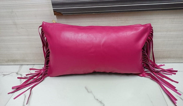 Lambskin Leather HOT PINK Cushion Cover Decorative With Side Fringe