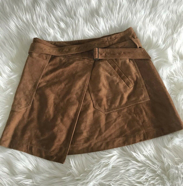 Women's Suede Mini Skirt Leather WRAP LEATHER SKIRT Brown Wrap Mini
