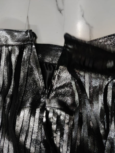 Layered Fringe Leather Skirt, Black Glitter, A-Line, Tiered