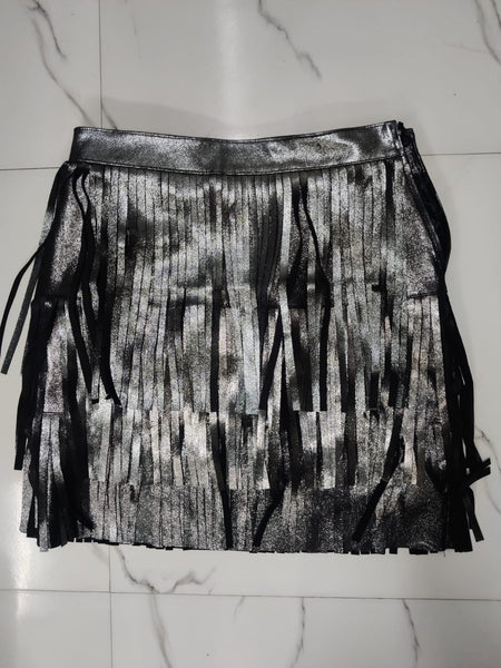 Layered Fringe Leather Skirt, Black Glitter, A-Line, Tiered