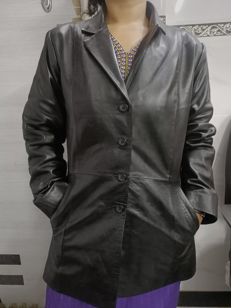 Women's Leather Thigh-Length Midi Trench Coat