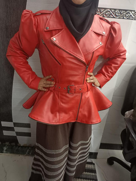 Women's Stylish Red Lambskin Peplum Hem Biker Pleat Flare Jacket with Puff Sleeves