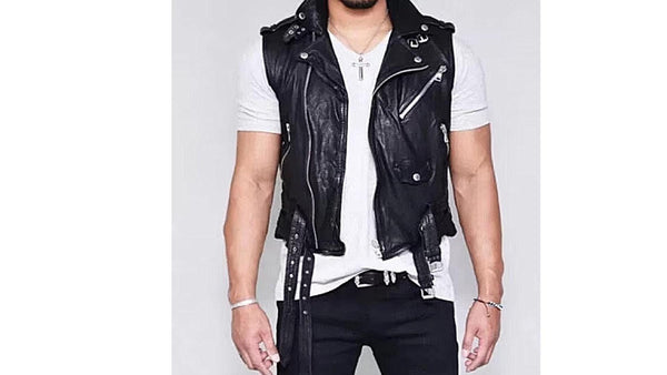 Men Black Leather Punk Vest Steampunk Biker Style