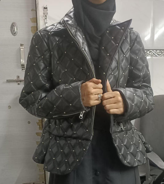 Women's Quilted Studded Leather Biker Jacket