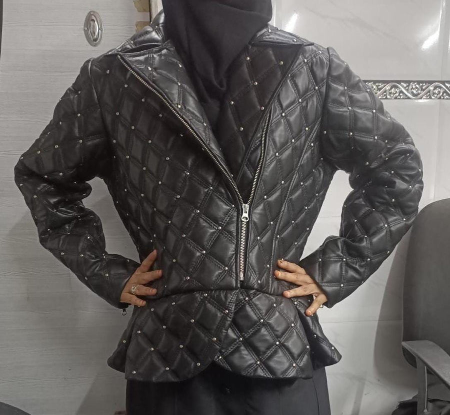 Women's Quilted Studded Leather Biker Jacket