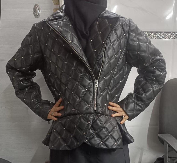 Women's Black Quilted Studded Leather Biker Jacket