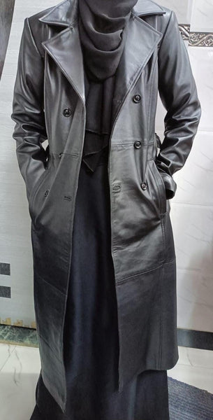 Women's Black Leather Parka Trench Overcoat