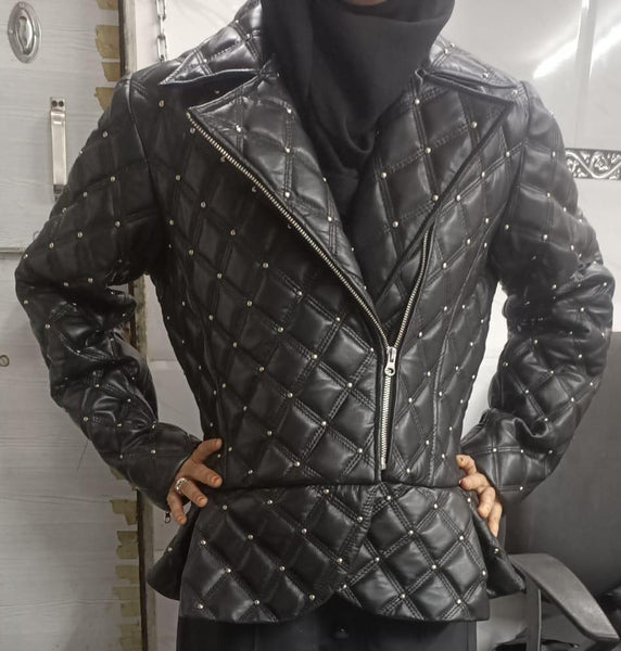 Women's Quilted Studded Leather Biker Jacket