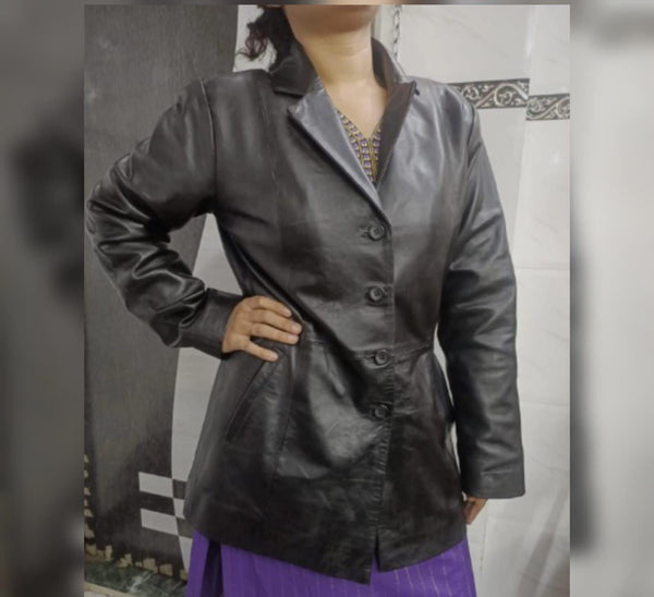 Womens Black Real Leather Thigh Length Midi Coat Ladies Short Leather Trench