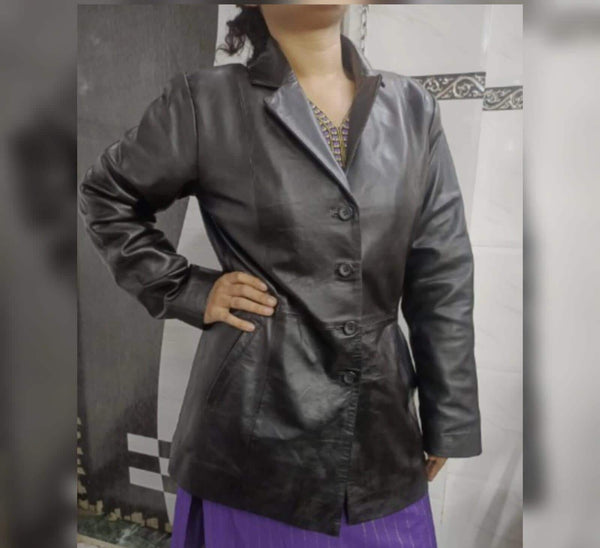Women's Black Leather Thigh-Length Midi Trench Coat