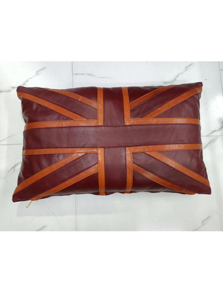 Maroon & Tan Rectangle Lambskin Leather Cushion Cover