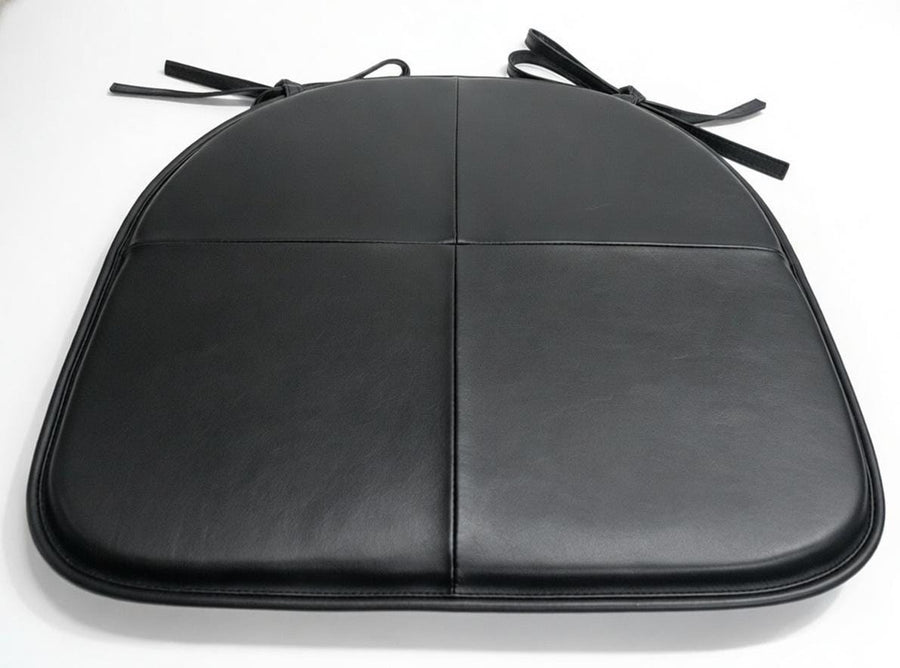 Black Lambskin Leather Chair Pad with Ties Tolix Style Dining Seat Round Edge