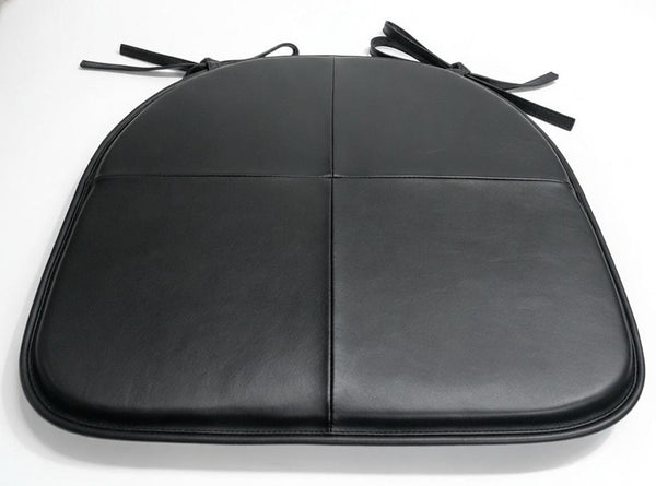 Black Lambskin Leather Chair Pad with Ties Tolix Style Dining Seat Round Edge