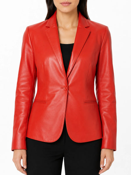 Ladies Lambskin Leather Blazer Red For Meetings Stylish Formal Wear - standardized hero