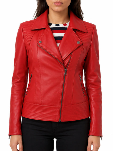 Lambskin Women's Biker Red Leather Jacket Quilted Soft Motor Slim Fit - standardized hero