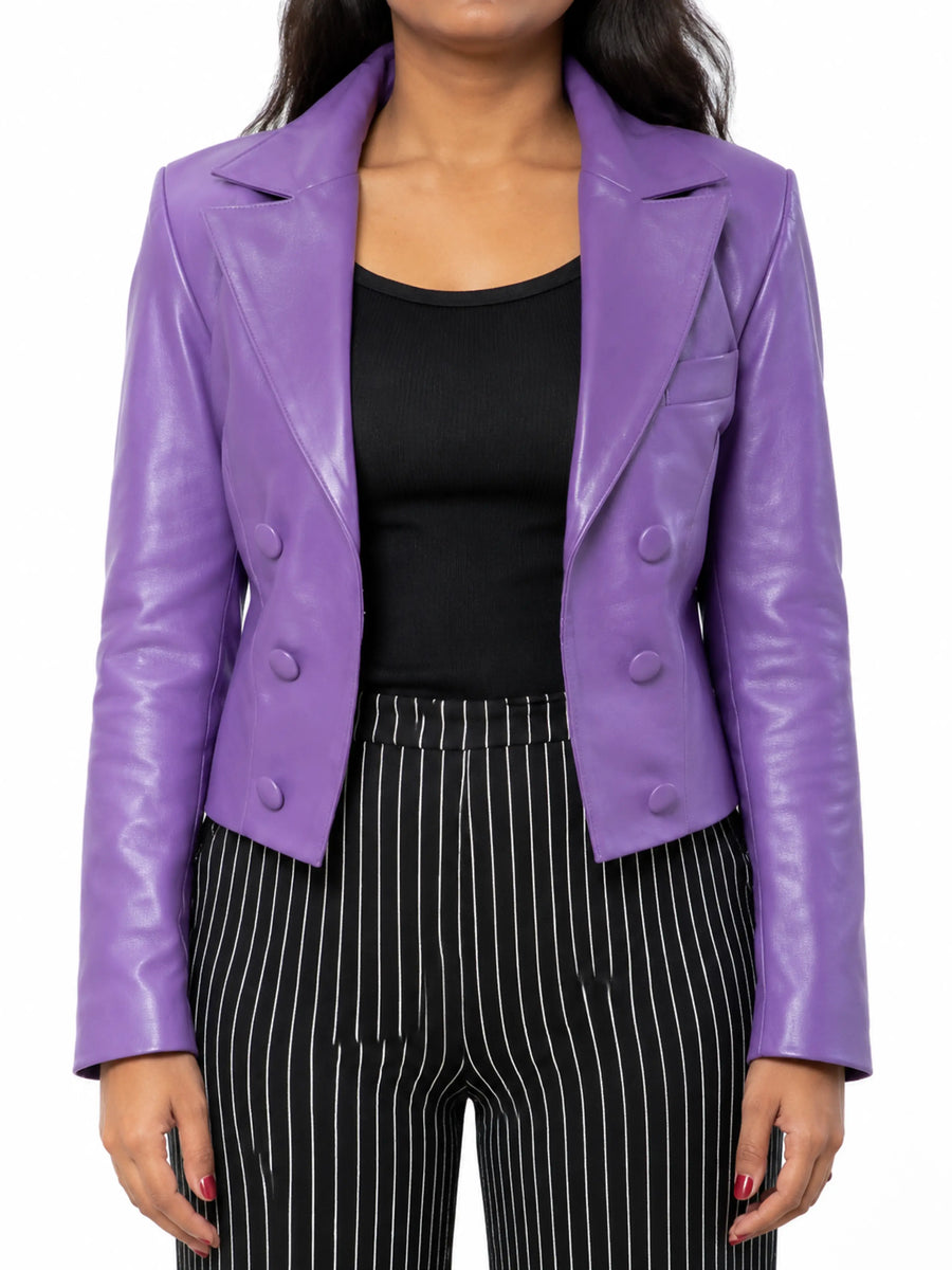 Lavender Cropped Blazer Formal Long Sleeve Women Leather Jacket