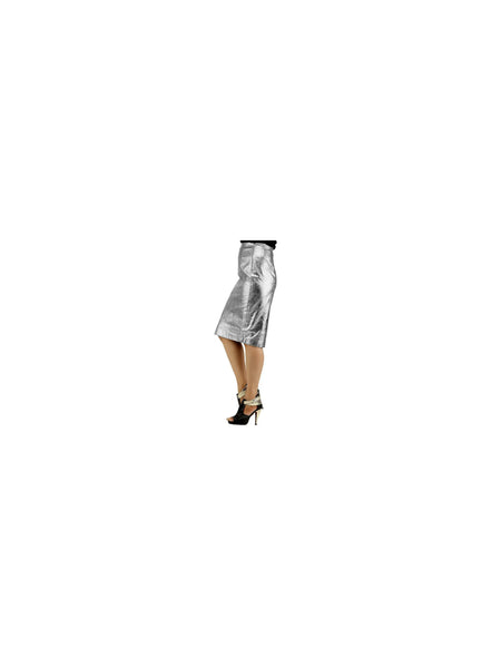 NOORA Women Leather Skirt Genuine Real Lambskin Leather Silver Knee Skirt QD829 — belly-to-toes white-studio product hero