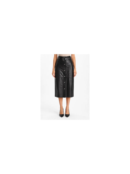NOORA Women Lambskin Leather long Black Skirt Outfit Leather Skirt Modern QD479 — belly-to-toes white-studio product hero
