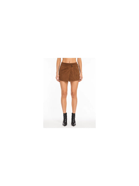 NOORA Leather Sexy Mini High Waist Suede Leather Skirt BROWN A-Line SJ145 — belly-to-toes white-studio product hero