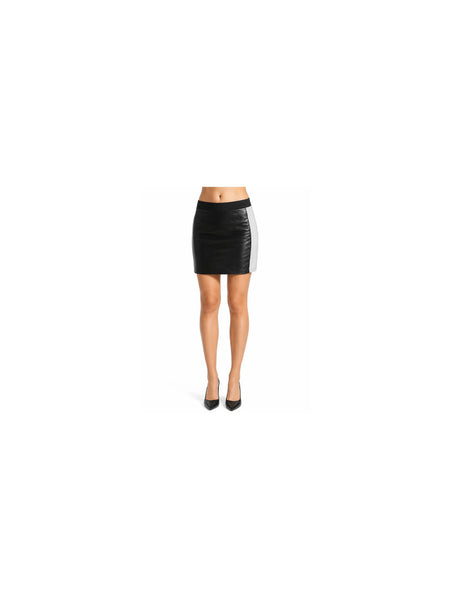 NOORA Black& off white colour| Leather Skirt-skirt with Strip-Custom size skirt| Leather Outfit -BS-0586 — belly-to-toes white-studio product hero
