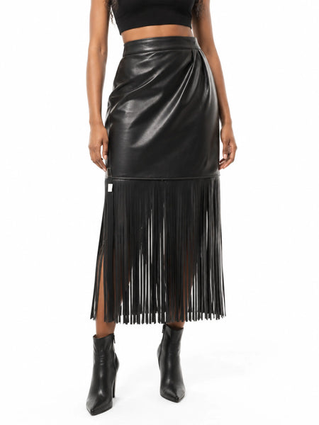 Leather Wrap Skirt Fringe Black Gothic Midi Flare Skirt — belly-to-toes white-studio product hero