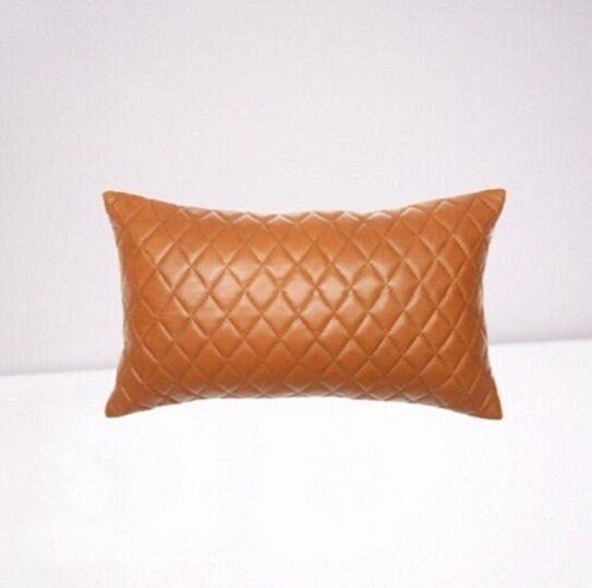 Mango Tan Lambskin Leather Diamond-Stitched Cushion Cover - Noora International
