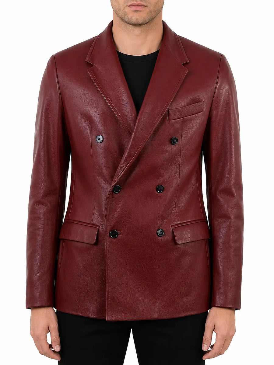 Mens Real Lambskin Leather Blazer Red Coat Classic Comfort Leather Double Breasted Red Coat