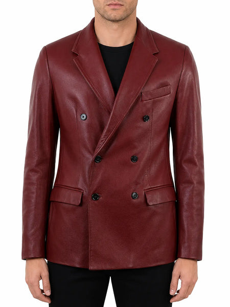 Noora New Mens Real Lambskin Leather Blazer Red Coat Classic Comfort Leather Double Breasted Red Coat SJ338 – men's formal leather product on male model – Noora International