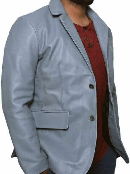 Noora New Men's 100% Lambskin Leather Light Blue Formal Blazer With Two Buttons Designer Office Wear Blazer – men's formal leather product on male model – Noora International