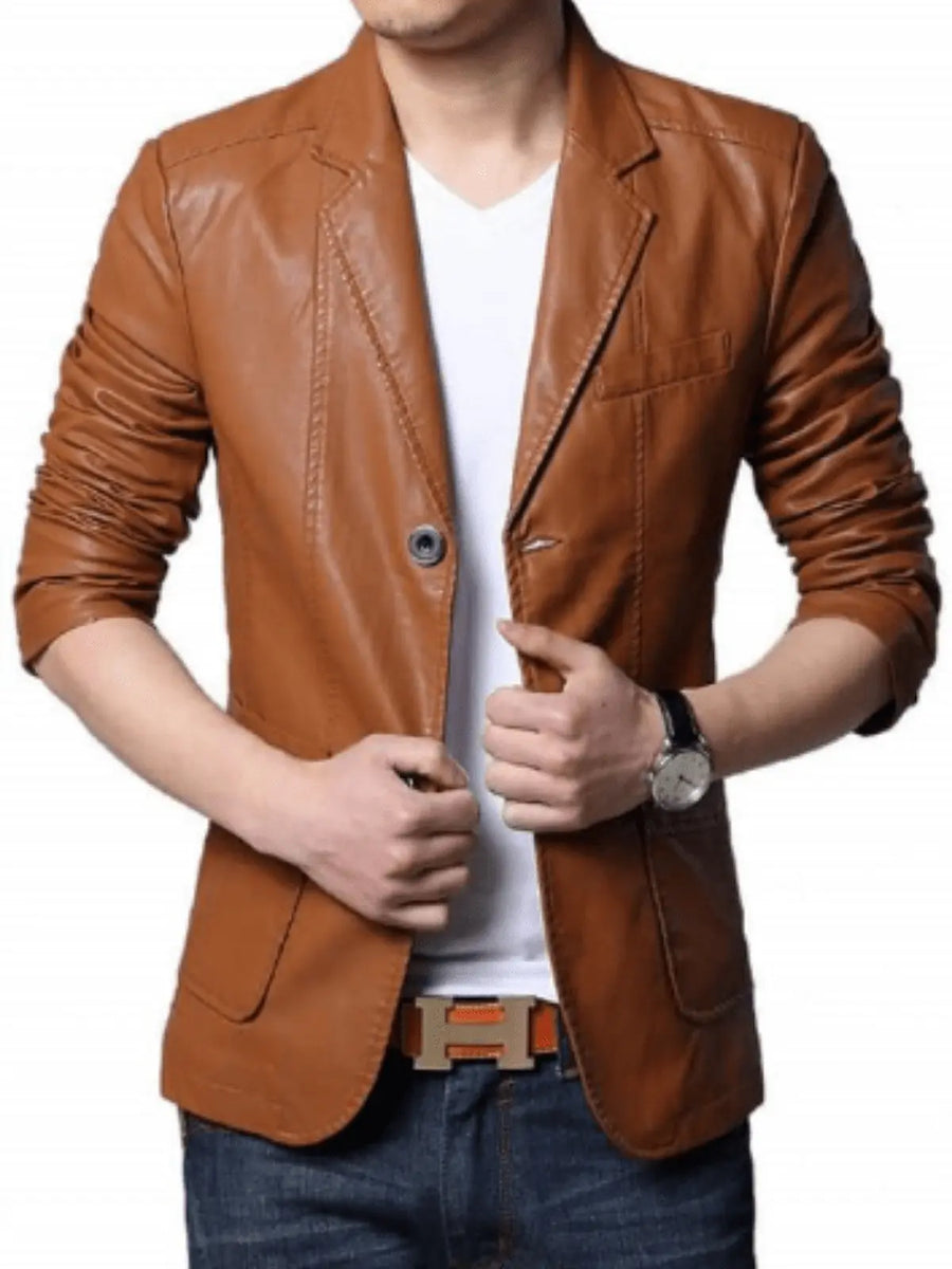 Men's Lambskin Leather Tan Brown Formal Meeting Wear Blazer With Two Button Designer Office Wear
