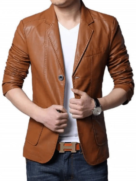 Noora Men's Lambskin Leather Tan Brown Formal Meeting Wear Blazer With Two Button Designer Office Wear Formal Blazer  SU0913 – men's formal leather product on male model – Noora International