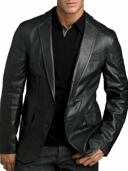 NOORA Men's Real Black Lambskin Leather Blazer Formal Meeting Wear Blazer With Two Button  & Pocket SU0123 – men's formal leather product on male model – Noora International