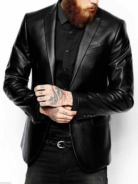 NOORA NEW MENS REAL LAMBSKIN LEATHER BLAZER JACKET TWO BUTTON SLIM FIT COAT NI-3 – men's formal leather product on male model – Noora International
