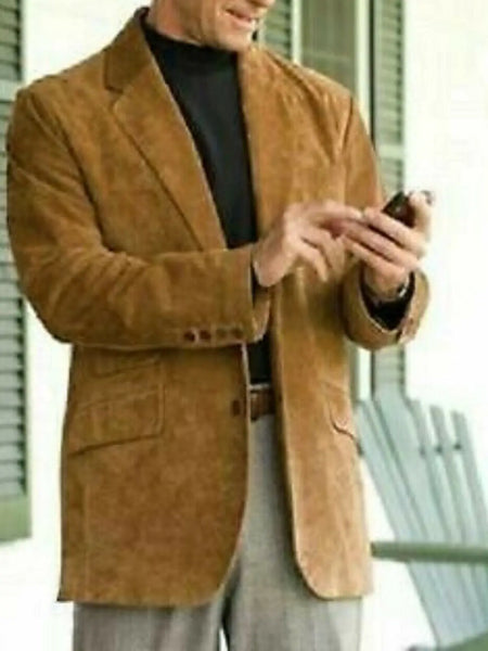 NOORA Mens  Lambskin Brown Suede Motorcycle Blazer Jacket , Classic Tan Suede Biker Formal Blazer With Pocket | ST0121 – men's formal leather product on male model – Noora International