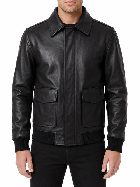 Noora Mens Black Bomber Biker Leather Jacket | Black Lambskin Leather Jacket With Zip Closure |  Black Bomber Leather Jacket SU0123 – men's formal leather product on male model – Noora International