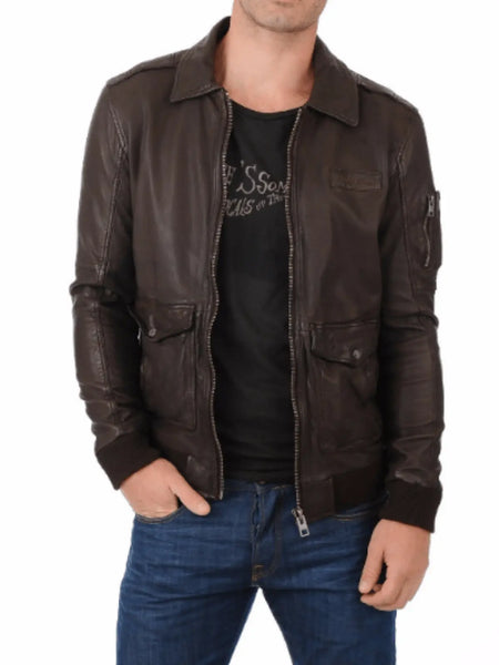 Noora Mens Dark Brown Bomber Leather Jacket With Branded YKK Zipper |  Brown Biker Racer Bomber Leather Jacket SU093 – men's formal leather product on male model – Noora International
