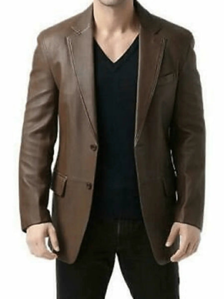 Noora Mens Dark Brown Formal  Leather Blazer With Two Button | Designer Brown  Meeting Wear Leather Blazer SU086 – men's formal leather product on male model – Noora International