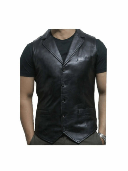 NOORA Black Classic Vest Coat For Men Lambskin Leather Sleeveless Biker Vest Coat With Pocket | SU092 – men's formal leather product on male model – Noora International