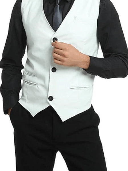 Noora Mens White Lambskin Leather Formal Waist Coat With  Black Button & Pocket | Designer Meeting Wear White Waist Coat SU0102 – men's formal leather product on male model – Noora International