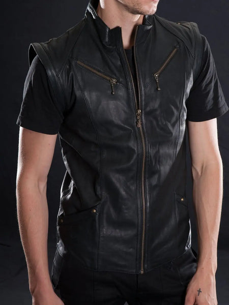 Noora Mens Lambskin Leather Black Biker vest Coat | Designer Rider Black Vest Coat With Zipper Closure SU0189 – men's formal leather product on male model – Noora International
